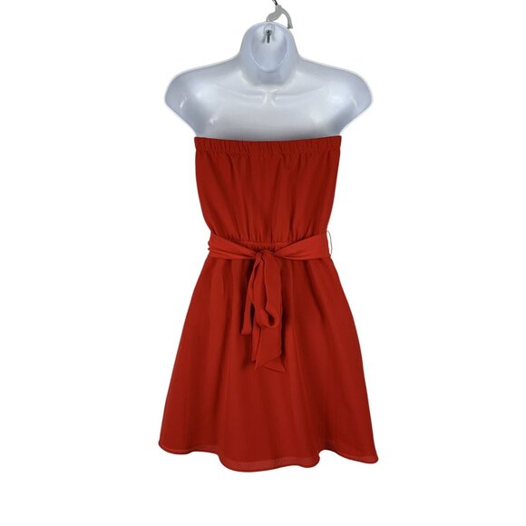 Strapless Red Mini Dress With Belted Waist And Side Pockets Size XS - Picture 2 of 8